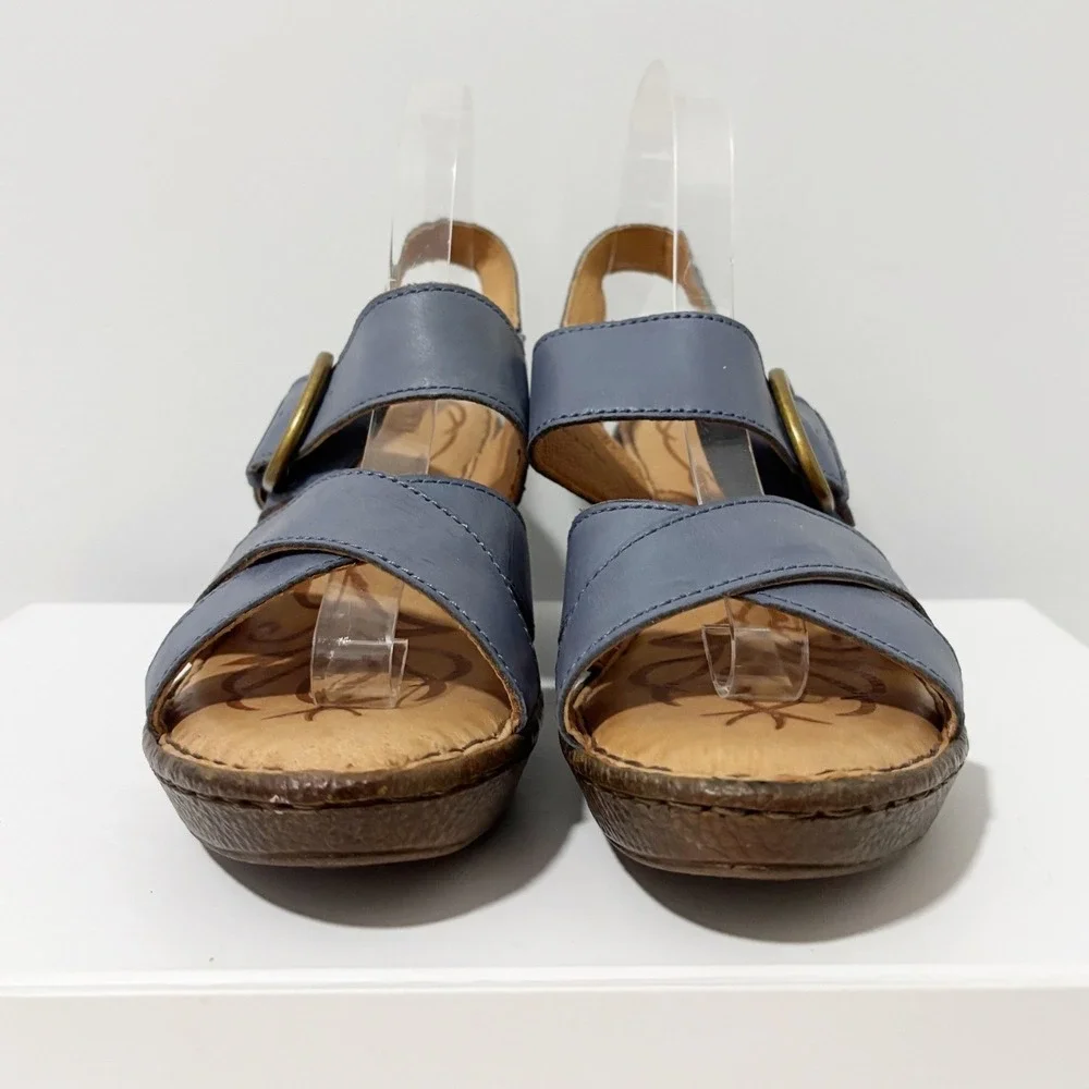 Born Slate Blue Leather Wedge Sandals